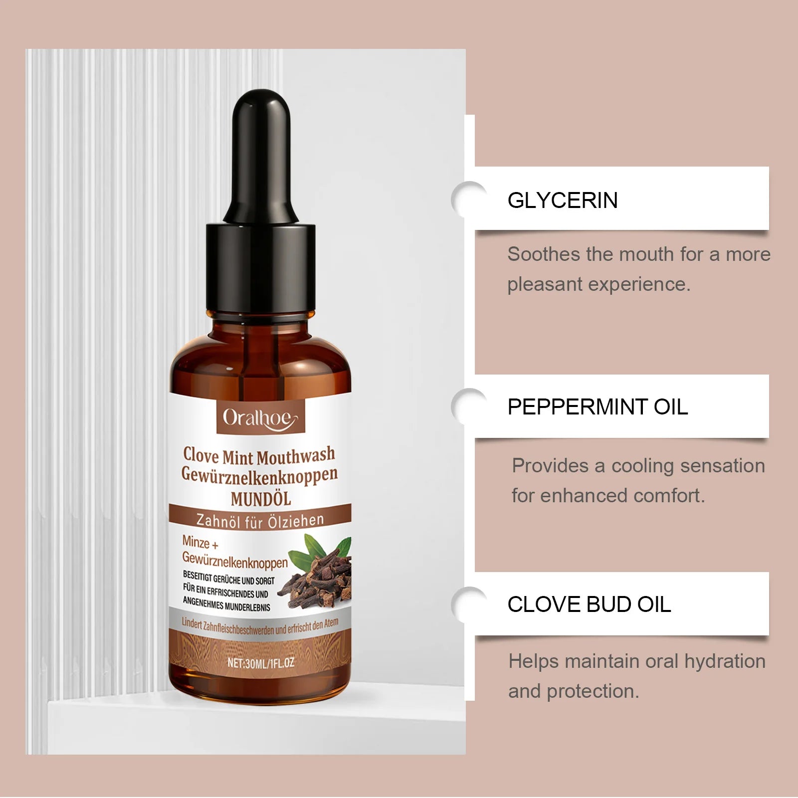Oralhoe Cinnamon Mint Mouthwash, Herbal Formula for Teeth & Gums Care, Cool Refreshing Oral Rinse, Deep Clean Teeth, Freshen Bre